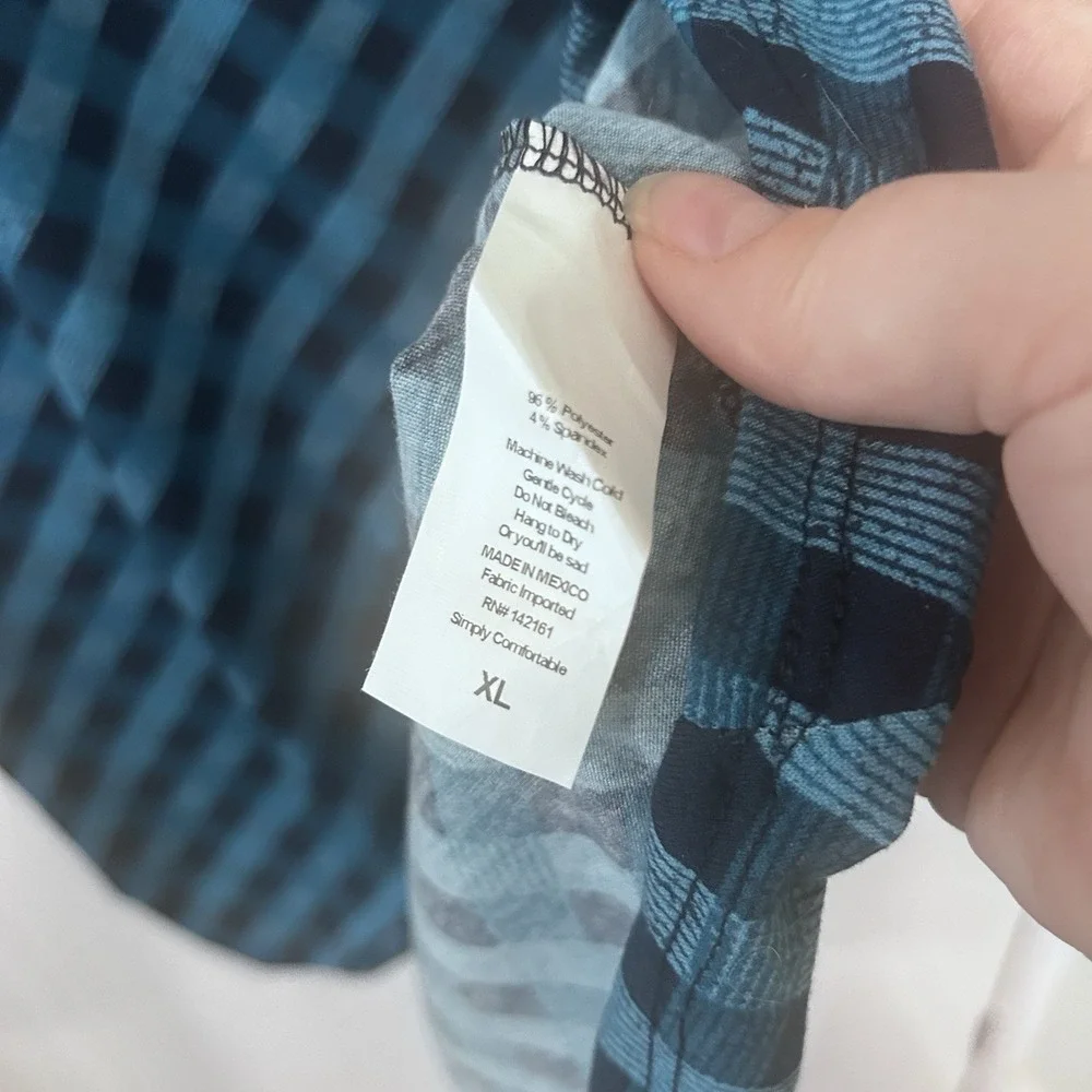 LuLaRoe Blue Black Diagonal Plaid Short Sleeve HiLow Tunic XL Simply Comfortable